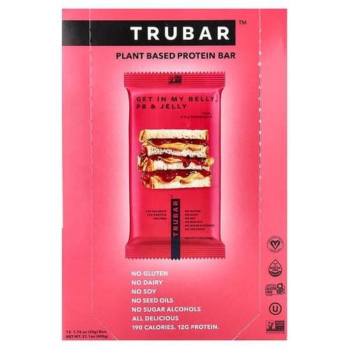 <img alt="Trubar, Plant Based Protein Bar, Get In My Belly, PB & Jelly, 12 Bars, 1.76 oz (50 g) Each" title="Trubar, Plant Based Protein Bar, Get In My Belly, PB & Jelly, 12 Bars, 1.76 oz (50 g) Each,859146006793"