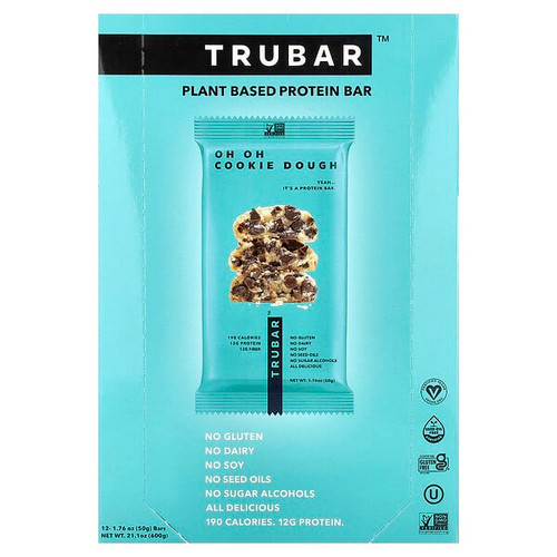 <img alt="Trubar, Plant Based Protein Bar, Oh Oh Cookie Dough, 12 Bars, 1.76 oz (50 g) Each" title="Trubar, Plant Based Protein Bar, Oh Oh Cookie Dough, 12 Bars, 1.76 oz (50 g) Each,859146006113"