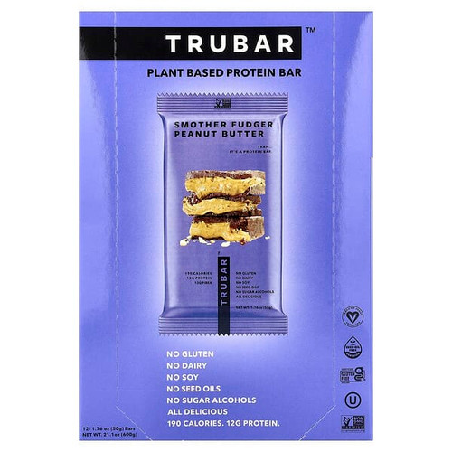 <img alt="Trubar, Plant Based Protein Bar, Smoother Fudger Peanut Butter, 12 Bars, 1.76 oz (50 g) Each" title="Trubar, Plant Based Protein Bar, Smoother Fudger Peanut Butter, 12 Bars, 1.76 oz (50 g) Each,859146006120"