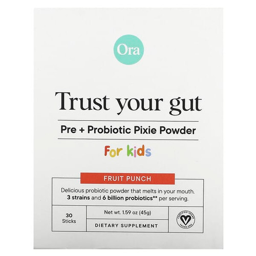<img alt="Ora, Trust Your Gut, Pre + Probiotic Pixie Powder, For Kids, Fruit Punch, 6 Billion, 30 Sticks, 0.05 oz (1.5 g) Each" title="Ora, Trust Your Gut, Pre + Probiotic Pixie Powder, For Kids, Fruit Punch, 6 Billion, 30 Sticks, 0.05 oz (1.5 g) Each,850028725016"