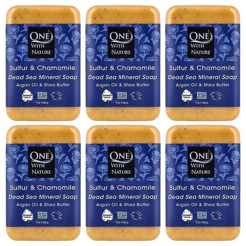 <img alt="One with Nature, Dead Sea Mineral Bar Soap, Sulfur & Chamomile, 6 Count, 7 oz (198 g) Each" title="One with Nature, Dead Sea Mineral Bar Soap, Sulfur & Chamomile, 6 Count, 7 oz (198 g) Each,812281010520"