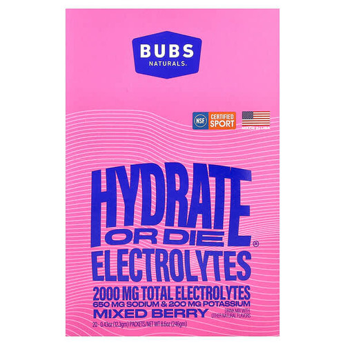 <img alt="BUBS Naturals, Hydrate or Die, Electrolytes Drink Mix, Mixed Berry, 20 Packets, 0.43 oz (12.3 gm) Each" title="BUBS Naturals, Hydrate or Die, Electrolytes Drink Mix, Mixed Berry, 20 Packets, 0.43 oz (12.3 gm) Each,810121880494"