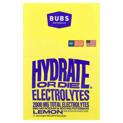 <img alt="BUBS Naturals, Hydrate or Die, Electrolytes Drink Mix, Lemon, 20 Packets, 0.43 oz (12.1 gm) Each" title="BUBS Naturals, Hydrate or Die, Electrolytes Drink Mix, Lemon, 20 Packets, 0.43 oz (12.1 gm) Each,810121880487"
