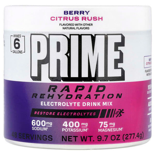 <img alt="Prime Hydration, Rapid Rehydration, Electrolyte Drink Mix, Berry Citrus Rush, 9.7 oz (277.4 g)" title="Prime Hydration, Rapid Rehydration, Electrolyte Drink Mix, Berry Citrus Rush, 9.7 oz (277.4 g),810116129652"