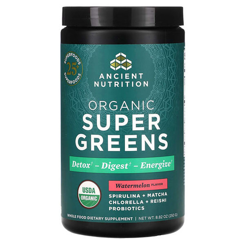 <img alt="Ancient Nutrition, Organic SuperGreens, Watermelon, 8.82 oz (250 g)" title="Ancient Nutrition, Organic SuperGreens, Watermelon, 8.82 oz (250 g),816401025746"