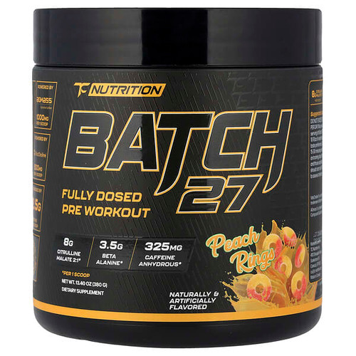 <img alt="TC Nutrition, Batch 27, Fully Dosed Pre Workout, Peach Rings, 13.4 oz (380 g)" title="TC Nutrition, Batch 27, Fully Dosed Pre Workout, Peach Rings, 13.4 oz (380 g),858286002016"