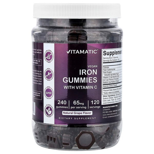 <img alt="Vitamatic, Vegan Iron Gummies with Vitamin C, Grape, 240 Gummies" title="Vitamatic, Vegan Iron Gummies with Vitamin C, Grape, 240 Gummies,810078475590"