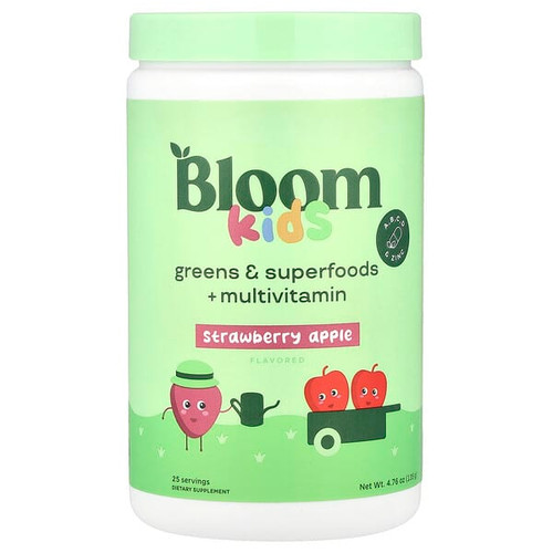 <img alt="Bloom, Kids, Greens & Superfoods + Multivitamin, Strawberry Apple, 4.76 oz (135 g)" title="Bloom, Kids, Greens & Superfoods + Multivitamin, Strawberry Apple, 4.76 oz (135 g),810137460826"