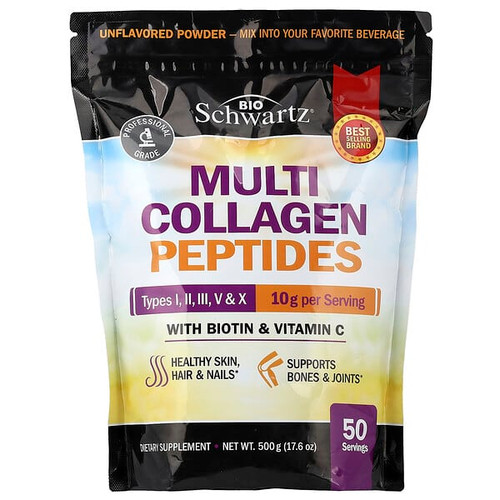 <img alt="BioSchwartz, Multi Collagen Peptides Powder, Types I, II, III, V & X, With Biotin & Vitamin C, Unflavored, 17.6 oz (500 g)" title="BioSchwartz, Multi Collagen Peptides Powder, Types I, II, III, V & X, With Biotin & Vitamin C, Unflavored, 17.6 oz (500 g),810056431716"
