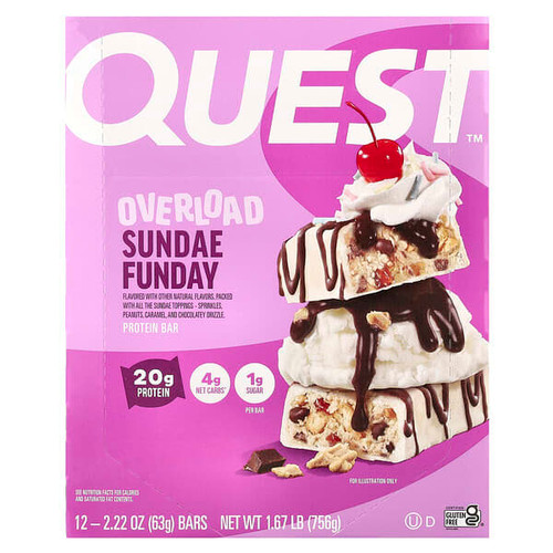 <img alt="Quest Nutrition, Overload Protein Bar, Sundae Funday, 12 Bars, 2.22 oz (63 g) Each" title="Quest Nutrition, Overload Protein Bar, Sundae Funday, 12 Bars, 2.22 oz (63 g) Each,888849015825"
