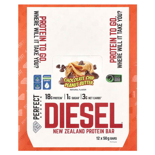 <img alt="PERFECT Sports, Diesel, New Zealand Protein Bar, Chocolate Chip Peanut Butter, 12 Bars, 50 g Each" title="PERFECT Sports, Diesel, New Zealand Protein Bar, Chocolate Chip Peanut Butter, 12 Bars, 50 g Each,699097755827"