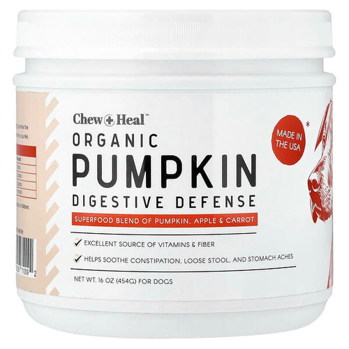 <img alt="Chew + Heal, Organic Pumpkin Digestive Defense, For Dogs, 16 oz (454 g)" title="Chew + Heal, Organic Pumpkin Digestive Defense, For Dogs, 16 oz (454 g),768990017933"