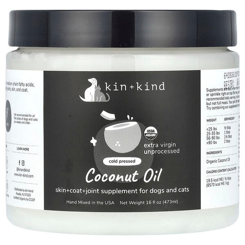 <img alt="Kin+Kind, Cold Pressed Coconut Oil, For Dogs and Cats, 16 fl oz (473 ml)" title="Kin+Kind, Cold Pressed Coconut Oil, For Dogs and Cats, 16 fl oz (473 ml),693749006442"