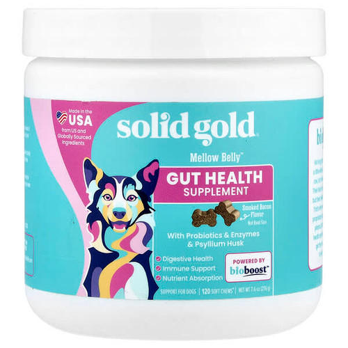 <img alt="Solid Gold, Mellow Belly, Gut Health Supplement, For Dogs, Smoked Bacon, 120 Soft Chews, 7.6 oz (216 g)" title="Solid Gold, Mellow Belly, Gut Health Supplement, For Dogs, Smoked Bacon, 120 Soft Chews, 7.6 oz (216 g),693749015130"