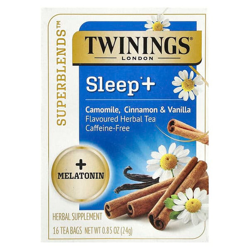 <img alt="Twinings, Sleep+ with Melatonin Herbal Tea, Camomile, Cinnamon & Vanilla, Caffeine Free, 16 Tea Bags, 0.85 oz (24 g)" title="Twinings, Sleep+ with Melatonin Herbal Tea, Camomile, Cinnamon & Vanilla, Caffeine Free, 16 Tea Bags, 0.85 oz (24 g),"