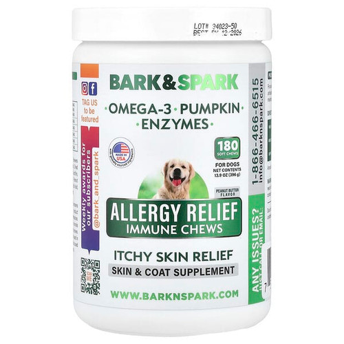 <img alt="Bark&Spark, Allergy Relief Immune Chews, Itchy Skin Relief, For Dogs, Peanut Butter, 180 Soft Chews, 13.9 oz (396 g)" title="Bark&Spark, Allergy Relief Immune Chews, Itchy Skin Relief, For Dogs, Peanut Butter, 180 Soft Chews, 13.9 oz (396 g),"