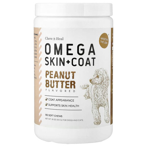 <img alt="Chew + Heal, Omega Skin + Coat, For Dogs and Cats, Peanut Butter , 180 Soft Chews, 18 oz (513 g)" title="Chew + Heal, Omega Skin + Coat, For Dogs and Cats, Peanut Butter , 180 Soft Chews, 18 oz (513 g),"