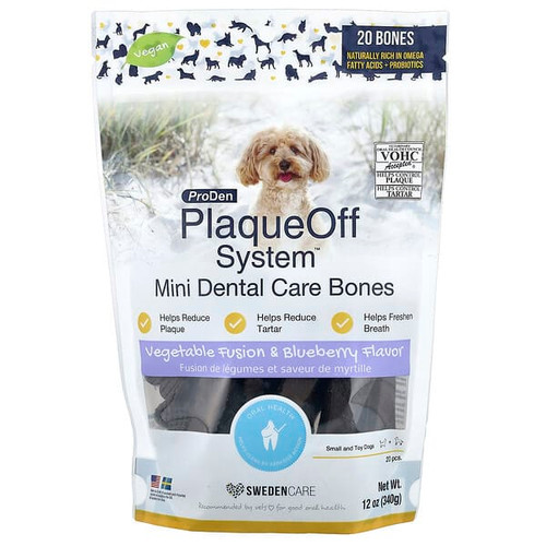 <img alt="ProDen, PlaqueOff System, Mini Dental Care Bones, For Small and Toy Dogs, Vegetable Fusion & Blueberry, 20 Bones, 12 oz (340 g)" title="ProDen, PlaqueOff System, Mini Dental Care Bones, For Small and Toy Dogs, Vegetable Fusion & Blueberry, 20 Bones, 12 oz (340 g),"