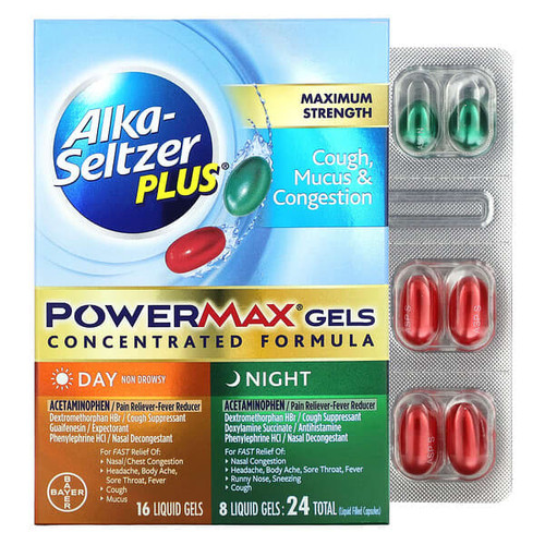 <img alt="Alka-Seltzer Plus, Cough Mucus & Congestion PowerMax Gels, Maximum Strength, Day & Night, 24 Liquid Gels" title="Alka-Seltzer Plus, Cough Mucus & Congestion PowerMax Gels, Maximum Strength, Day & Night, 24 Liquid Gels,"