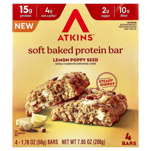 <img alt="Atkins, Soft Baked Protein Bar, Lemon Poppy Seed, 4 Bars, 1.76 oz (50 g) Each" title="Atkins, Soft Baked Protein Bar, Lemon Poppy Seed, 4 Bars, 1.76 oz (50 g) Each,"