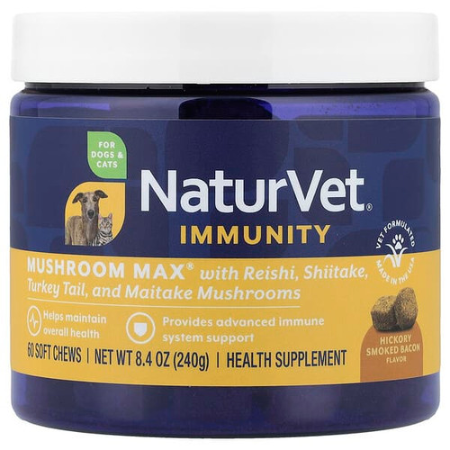 <img alt="NaturVet, Immunity, Mushroom Max with Reishi, Shiitake, Turkey Tail and Maitake Mushrooms, For Dogs & Cats, Hickory Smoked Bacon, 60 Soft Chews, 8.4 oz (240 g)" title="NaturVet, Immunity, Mushroom Max with Reishi, Shiitake, Turkey Tail and Maitake Mushrooms, For Dogs & Cats, Hickory Smoked Bacon, 60 Soft Chews, 8.4 oz (240 g),"