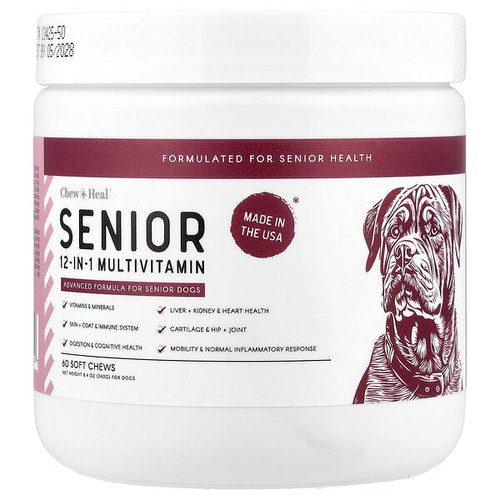 <img alt="Chew + Heal, Senior 12-in-1 Multivitamin, For Dogs, 60 Soft Chews, 8.4 oz (240 g)" title="Chew + Heal, Senior 12-in-1 Multivitamin, For Dogs, 60 Soft Chews, 8.4 oz (240 g),"