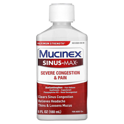 <img alt="Mucinex, Sinus-Max, Severe Congestion & Pain, For Ages 12+, 6 fl oz (180 ml)" title="Mucinex, Sinus-Max, Severe Congestion & Pain, For Ages 12+, 6 fl oz (180 ml),"