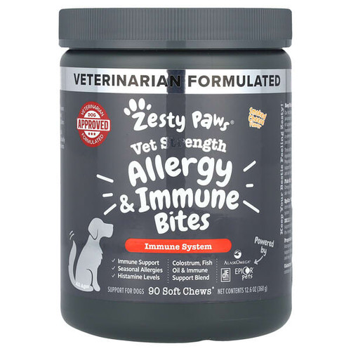 <img alt="Zesty Paws, Vet Strength Allergy & Immune Bites, For Dogs, All Ages, Smoked Cheese, 90 Soft Chews, 12.6 oz (360 g)" title="Zesty Paws, Vet Strength Allergy & Immune Bites, For Dogs, All Ages, Smoked Cheese, 90 Soft Chews, 12.6 oz (360 g),"