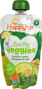 3 PACK of Happy Family Organics, Organics Happy Tot, Love My Veggies, Organic Zucchini, Pears, Chickpeas & Kale, 4.22 oz (120 g)