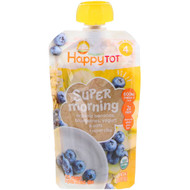 3 PACK of Happy Family Organics, Happy Tot, Super Morning, Fruit, Yogurt & Grain Blend, Organic Bananas, Blueberries, Yogurt & Oats + Super Chia, Stage 4, 4 oz (113 g)