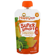 3 PACK of Happy Family Organics, Happy Tot, Super Smart, Fruit & Veggie Blend, Stage 4, Organic Bananas, Mangos & Spinach + Coconut Milk, 4 oz (113 g)