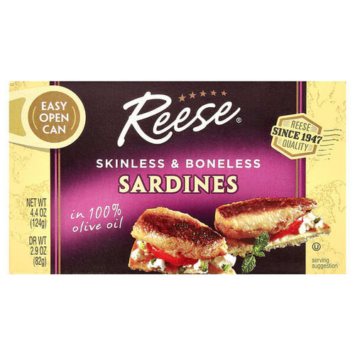 <img alt="Reese, Skinless & Boneless Sardines in 100% Olive Oil, 4.4 oz (124 g)" title="Reese, Skinless & Boneless Sardines in 100% Olive Oil, 4.4 oz (124 g),070670006428"