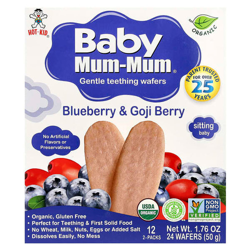 <img alt="Hot Kid, Baby Mum-Mum, Gentle Teething Wafers, Blueberry & Goji Berry, 12 Packs, 2 Wafers Each" title="Hot Kid, Baby Mum-Mum, Gentle Teething Wafers, Blueberry & Goji Berry, 12 Packs, 2 Wafers Each,686352600145"