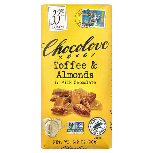 <img alt="Chocolove, Toffee & Almonds in Milk Chocolate, 33% Cocoa, 3.2 oz (90 g)" title="Chocolove, Toffee & Almonds in Milk Chocolate, 33% Cocoa, 3.2 oz (90 g),716270001349"