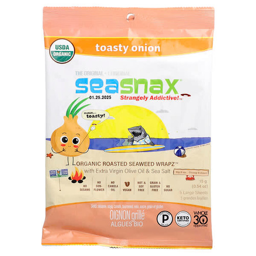 <img alt="3 PACK of SeaSnax, Organic Roasted Seaweed Wrapz with Extra Virgin Olive Oil & Sea Salt, Toasty Onion, 5 Large Sheets, 0.54 oz (15 g)" title="3 PACK of SeaSnax, Organic Roasted Seaweed Wrapz with Extra Virgin Olive Oil & Sea Salt, Toasty Onion, 5 Large Sheets, 0.54 oz (15 g),728028023213"