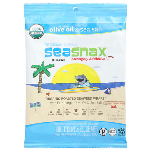 <img alt="3 PACK of SeaSnax, Organic Roasted Seaweed Wrapz, Extra Virgin Olive Oil & Sea Salt, 5 Large Sheets, 0.54 oz (15 g)" title="3 PACK of SeaSnax, Organic Roasted Seaweed Wrapz, Extra Virgin Olive Oil & Sea Salt, 5 Large Sheets, 0.54 oz (15 g),728028012200"