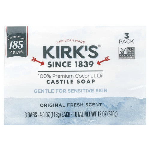 <img alt="Kirks, 100% Premium Coconut Oil Castile Bar Soap, Original Fresh, 3 Bars, 4 oz (113 g) Each" title="Kirks, 100% Premium Coconut Oil Castile Bar Soap, Original Fresh, 3 Bars, 4 oz (113 g) Each,639844100081"