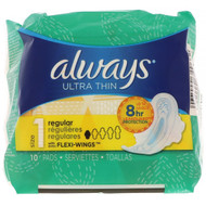 Always, Ultra Thin with Wings, Size 1, Regular, 10 Pads