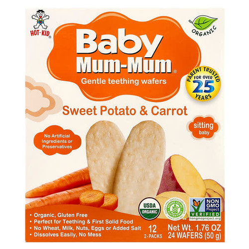 <img alt="Hot Kid, Baby Mum-Mum, Gentle Teething Wafers, Sweet Potato & Carrot, 12 Packs, 2 Wafers Each" title="Hot Kid, Baby Mum-Mum, Gentle Teething Wafers, Sweet Potato & Carrot, 12 Packs, 2 Wafers Each,686352600138"
