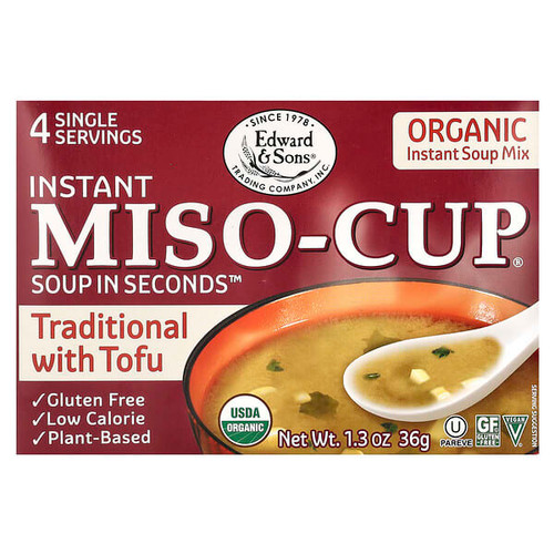 <img alt="Edward & Sons, Instant Miso-Cup, Traditional with Tofu, 4 Single Servings, 1.3 oz (36 g)" title="Edward & Sons, Instant Miso-Cup, Traditional with Tofu, 4 Single Servings, 1.3 oz (36 g),043182000925"