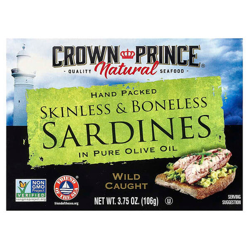 <img alt="Crown Prince Natural, Skinless & Boneless Sardines, In Pure Olive Oil, 3.75 oz (106 g)" title="Crown Prince Natural, Skinless & Boneless Sardines, In Pure Olive Oil, 3.75 oz (106 g),073230008337"