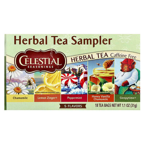 <img alt="Celestial Seasonings, Herbal Tea Sampler, 5 Flavors, Caffeine Free, 18 Tea Bags, 1.1 oz (31 g)" title="Celestial Seasonings, Herbal Tea Sampler, 5 Flavors, Caffeine Free, 18 Tea Bags, 1.1 oz (31 g),070734052439"