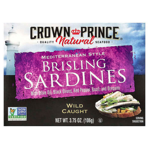 <img alt="Crown Prince Natural, Brisling Sardines, Mediterranean Style, 3.75 oz (106 g)" title="Crown Prince Natural, Brisling Sardines, Mediterranean Style, 3.75 oz (106 g),073230008054"