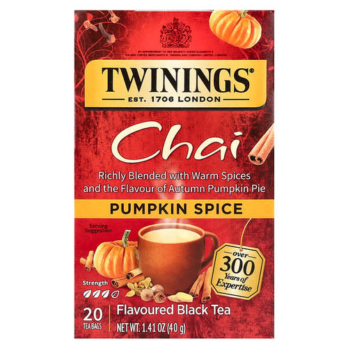 <img alt="Twinings, Flavored Black Tea, Chai, Pumpkin Spice, 20 Tea Bags, 1.41 oz (40 g)" title="Twinings, Flavored Black Tea, Chai, Pumpkin Spice, 20 Tea Bags, 1.41 oz (40 g),070177267698"
