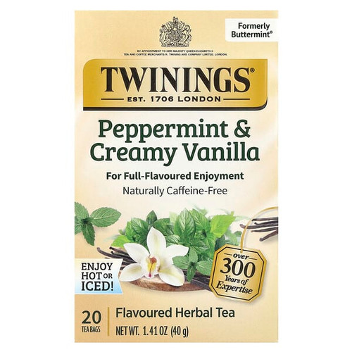 <img alt="Twinings, Flavored Herbal Tea, Peppermint & Creamy Vanilla, Caffeine Free, 20 Tea Bags, 1.41 oz (40 g)" title="Twinings, Flavored Herbal Tea, Peppermint & Creamy Vanilla, Caffeine Free, 20 Tea Bags, 1.41 oz (40 g),070177174910"