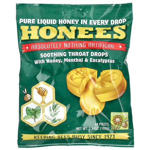 <img alt="Honees, Soothing Throat Drops with Honey, Menthol & Eucalyptus, 20 Pieces, 3.5 oz (100 g)" title="Honees, Soothing Throat Drops with Honey, Menthol & Eucalyptus, 20 Pieces, 3.5 oz (100 g),070650004031"