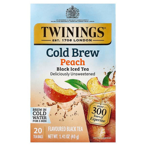 <img alt="Twinings, Cold Brewed Iced Tea, Black Tea, Peach, Unsweetened, 20 Tea Bags, 1.41 oz (40 g)" title="Twinings, Cold Brewed Iced Tea, Black Tea, Peach, Unsweetened, 20 Tea Bags, 1.41 oz (40 g),070177189952"