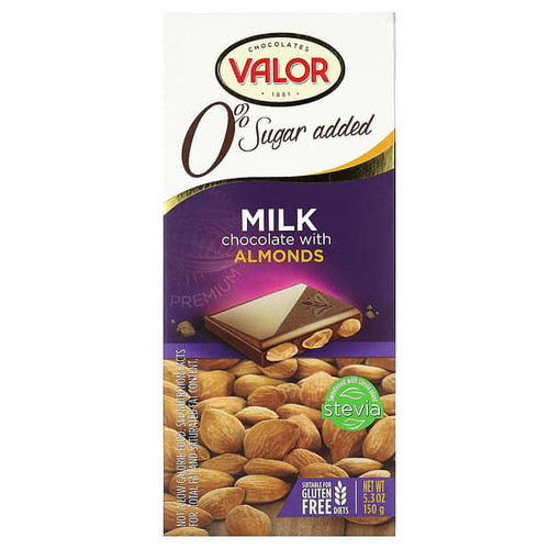 <img alt="Valor, Chocolates, Milk Chocolate with Almonds, 0% Sugar Added, 5.3 oz (150 g)" title="Valor, Chocolates, Milk Chocolate with Almonds, 0% Sugar Added, 5.3 oz (150 g),072247438588"
