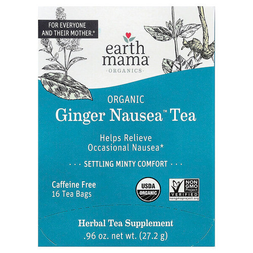 <img alt="Earth Mama, Organics, Organic Ginger Nausea Tea, Settling Minty Comfort, Caffeine Free, 16 Tea Bags, 0.96 oz (27.2 g)" title="Earth Mama, Organics, Organic Ginger Nausea Tea, Settling Minty Comfort, Caffeine Free, 16 Tea Bags, 0.96 oz (27.2 g),859220010128"