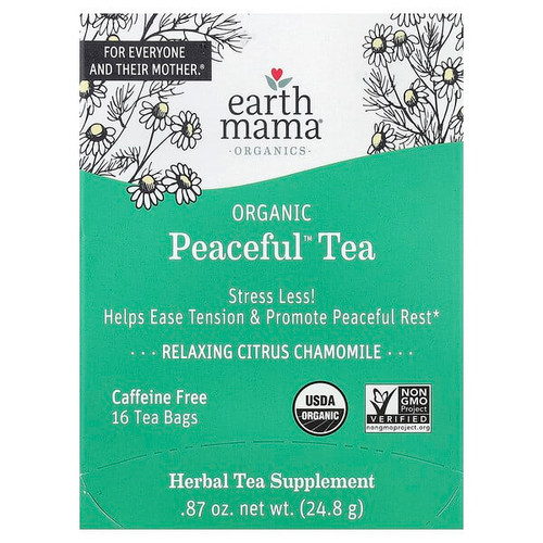 <img alt="Earth Mama, Organics, Organic Peaceful Tea, Relaxing Citrus Chamomile, Caffeine Free, 16 Tea Bags, 0.87 oz (24.8 g)" title="Earth Mama, Organics, Organic Peaceful Tea, Relaxing Citrus Chamomile, Caffeine Free, 16 Tea Bags, 0.87 oz (24.8 g),859220010135"
